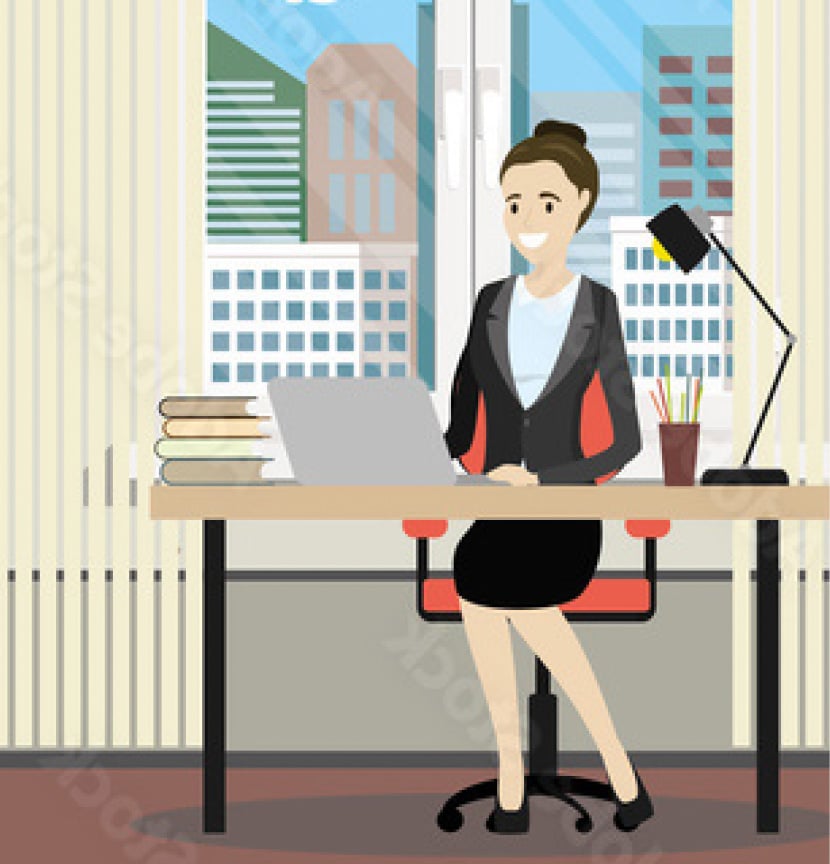 Illustration d'une femme en tenue professionnel assise à un bureau, devant son ordinateur portable