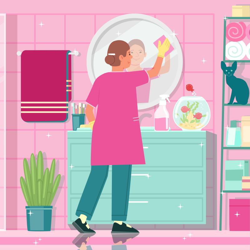 illustration d'une femme de ménager nettoyant le miroir d'une salle de bain