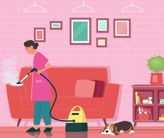 Illustration d'une femme de ménage nettoyant le canapé d'un salon