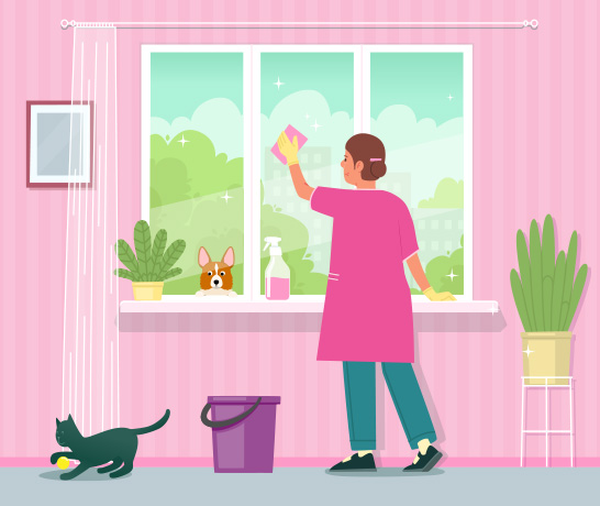 Illustration d'une femme de ménage nettoyant une fenêtre