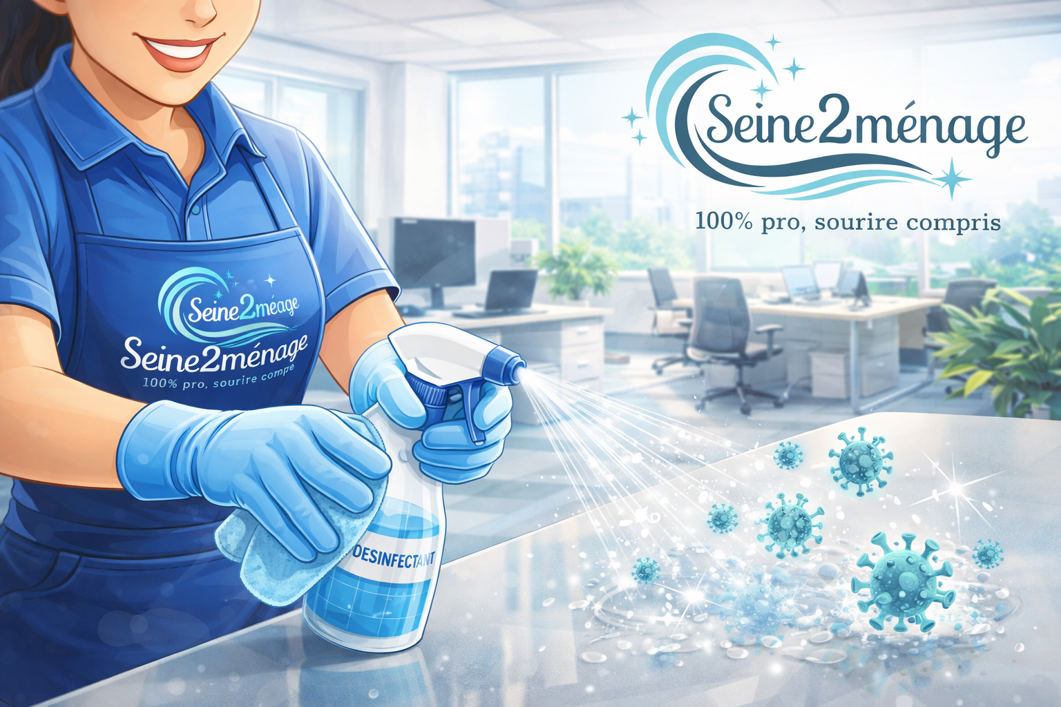Agent de nettoyage désinfectant une surface de bureau avec spray professionnel – Seine2ménage