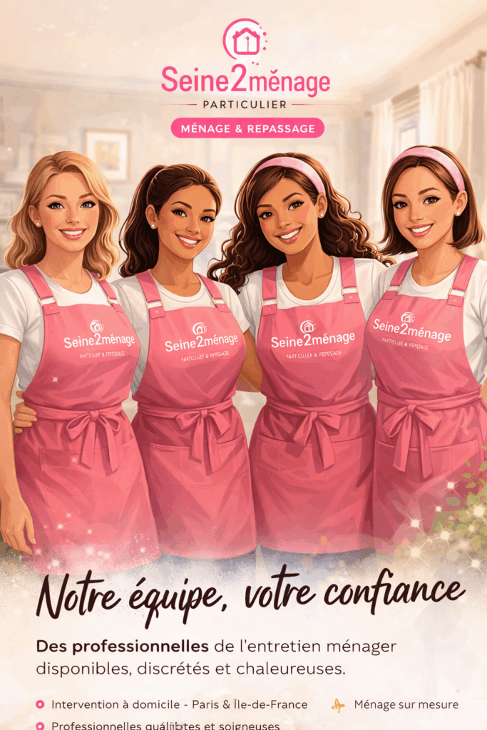 Équipe de femmes de ménage Seine2ménage souriantes et professionnelles en tenue avec tablier rose à domicile