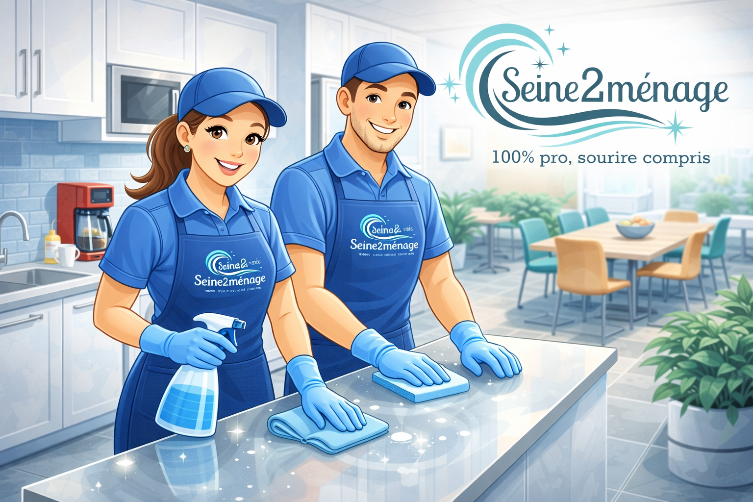 Agents de nettoyage entretenant une cuisine et un espace détente en entreprise – Seine2ménage