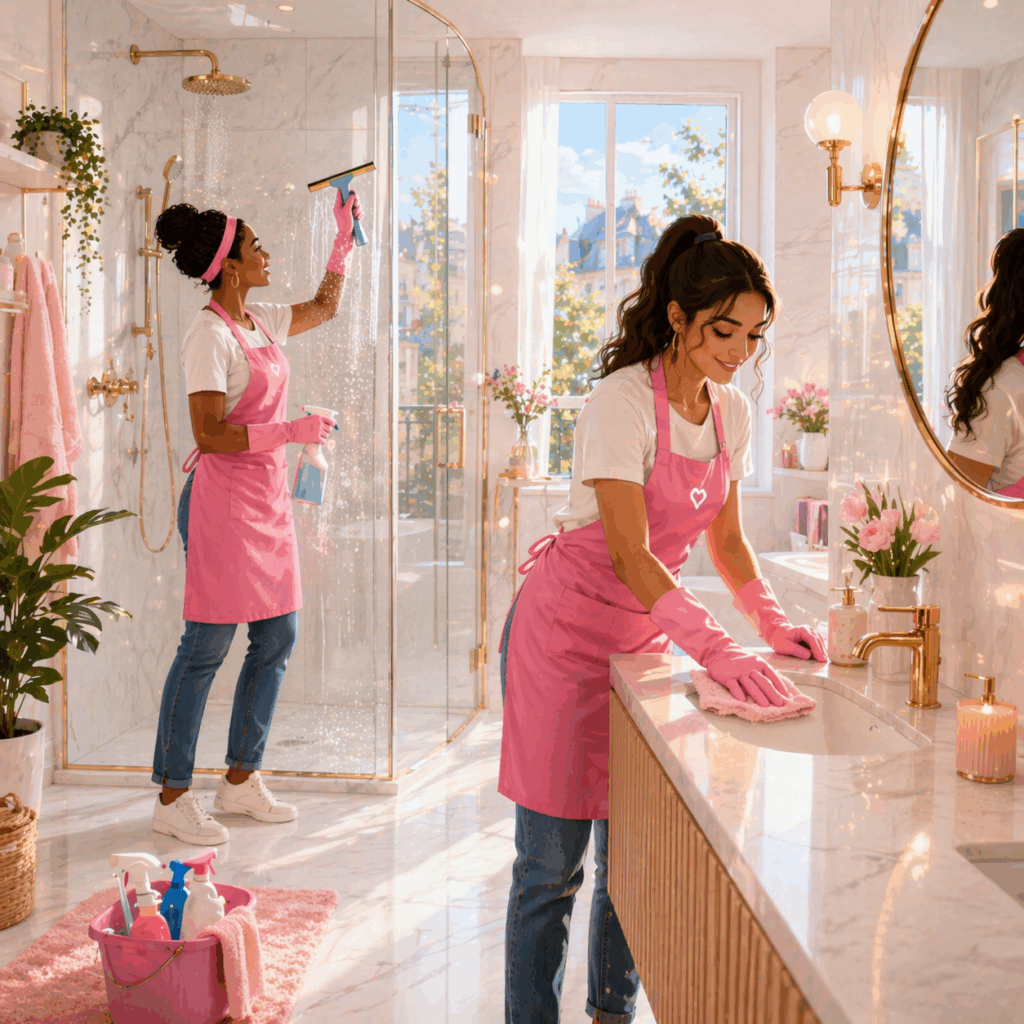 Illustration de deux intervenantes Seine2ménage nettoyant une salle de bain moderne avec douche vitrée et surfaces brillantes