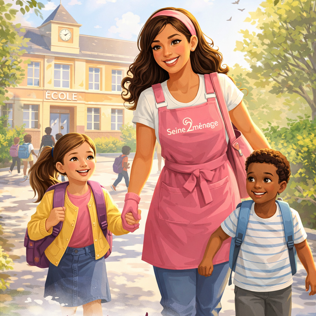 Garde d’enfants à domicile après l’école avec intervenante Seine2ménage accompagnant des enfants en sortie d’école