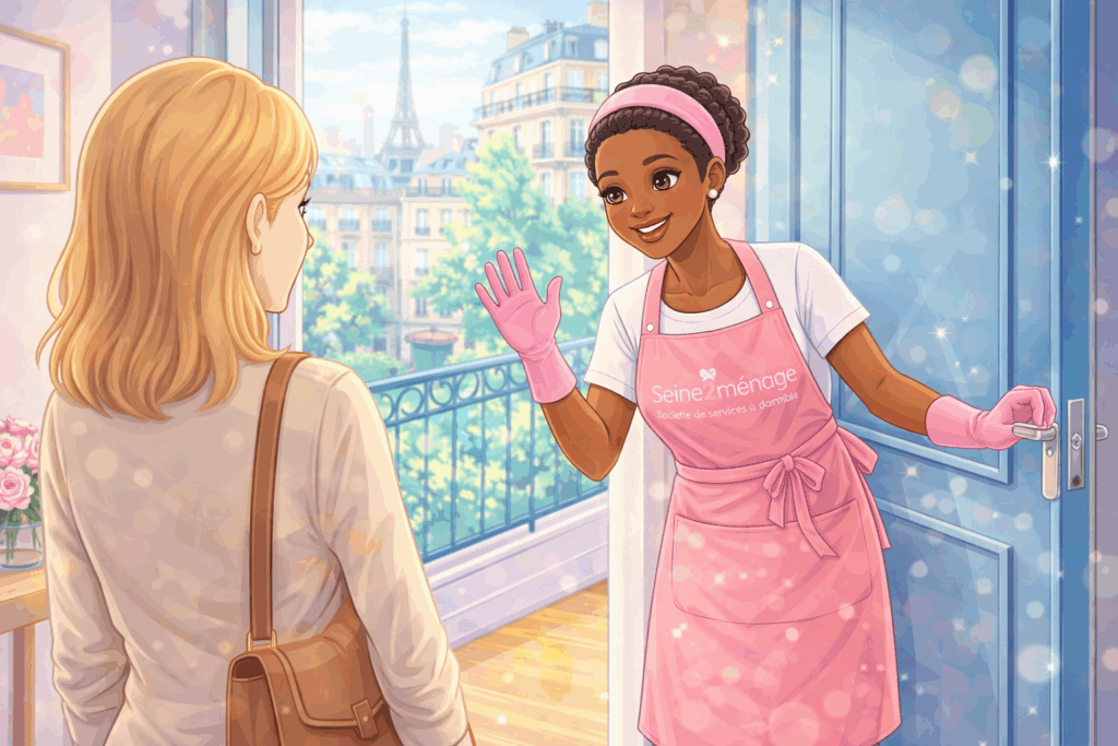 Illustration d’une intervenante Seine2ménage accueillie par une cliente à son domicile dans un appartement parisien lumineux
