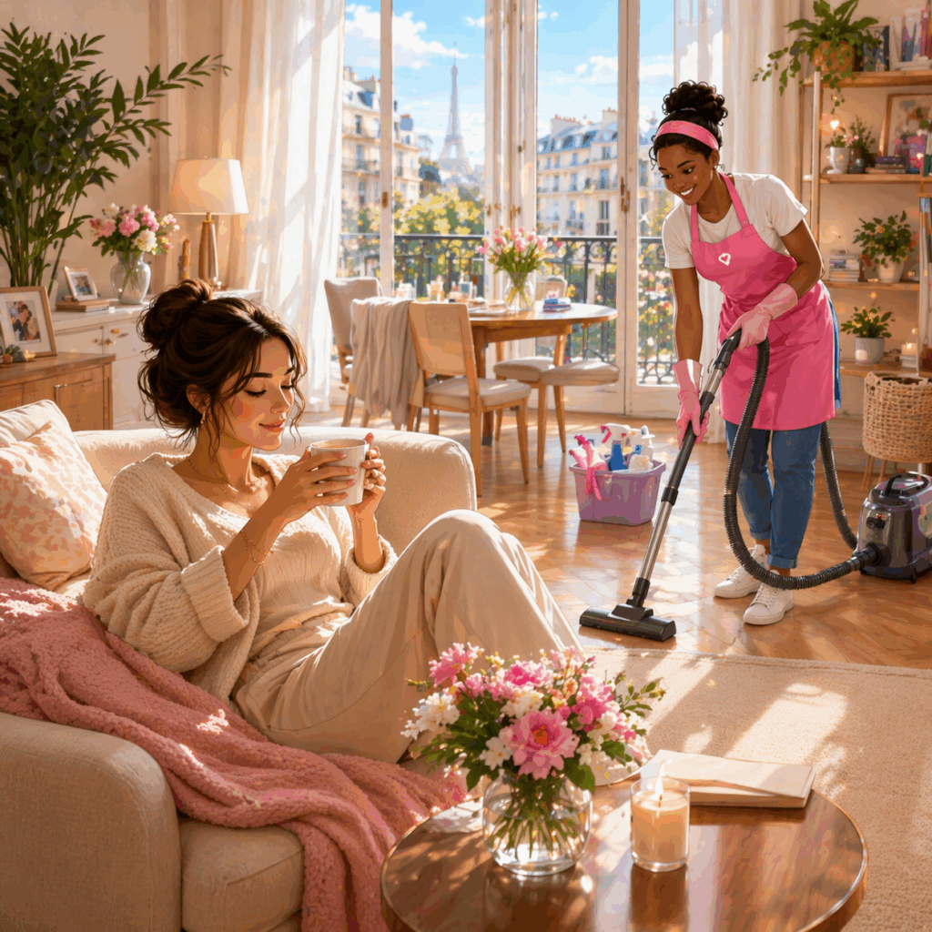 Illustration d’une cliente détendue chez elle pendant qu’une intervenante Seine2ménage réalise le ménage à domicile