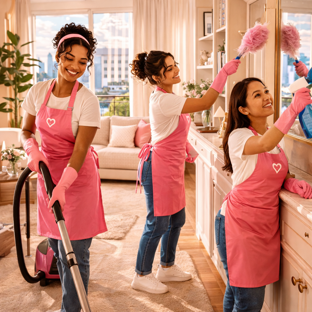 Illustration d’une équipe de trois intervenantes Seine2ménage en train de nettoyer un salon avec aspirateur, plumeau et nettoyage de miroir