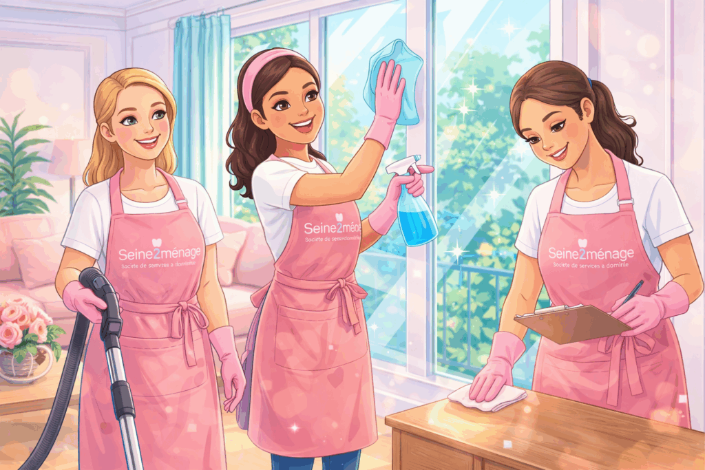 nettoyage de vitre dans un salon avec deux femmes de ménage