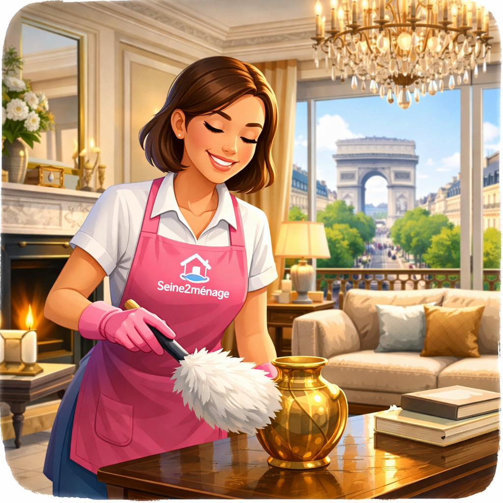 Femme de ménage haut de gamme dans un salon haussmannien à Paris avec vue sur l’Arc de Triomphe - Seine2ménage