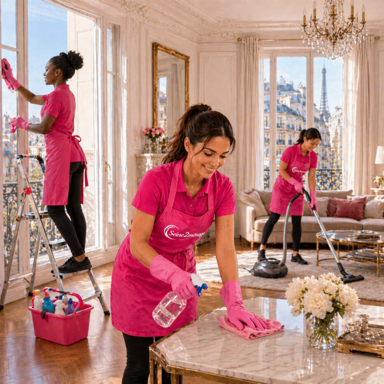 Équipe de femmes de ménage réalisant un ménage de printemps dans un appartement de luxe à Paris 16 – Seine2ménage