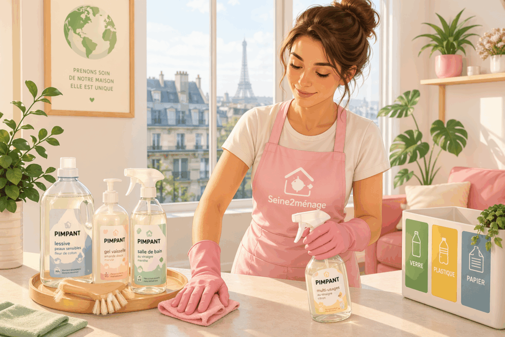 Femme de ménage utilisant des produits écologiques Pimpant dans un appartement moderne à Boulogne-Billancourt – service Seine2ménage