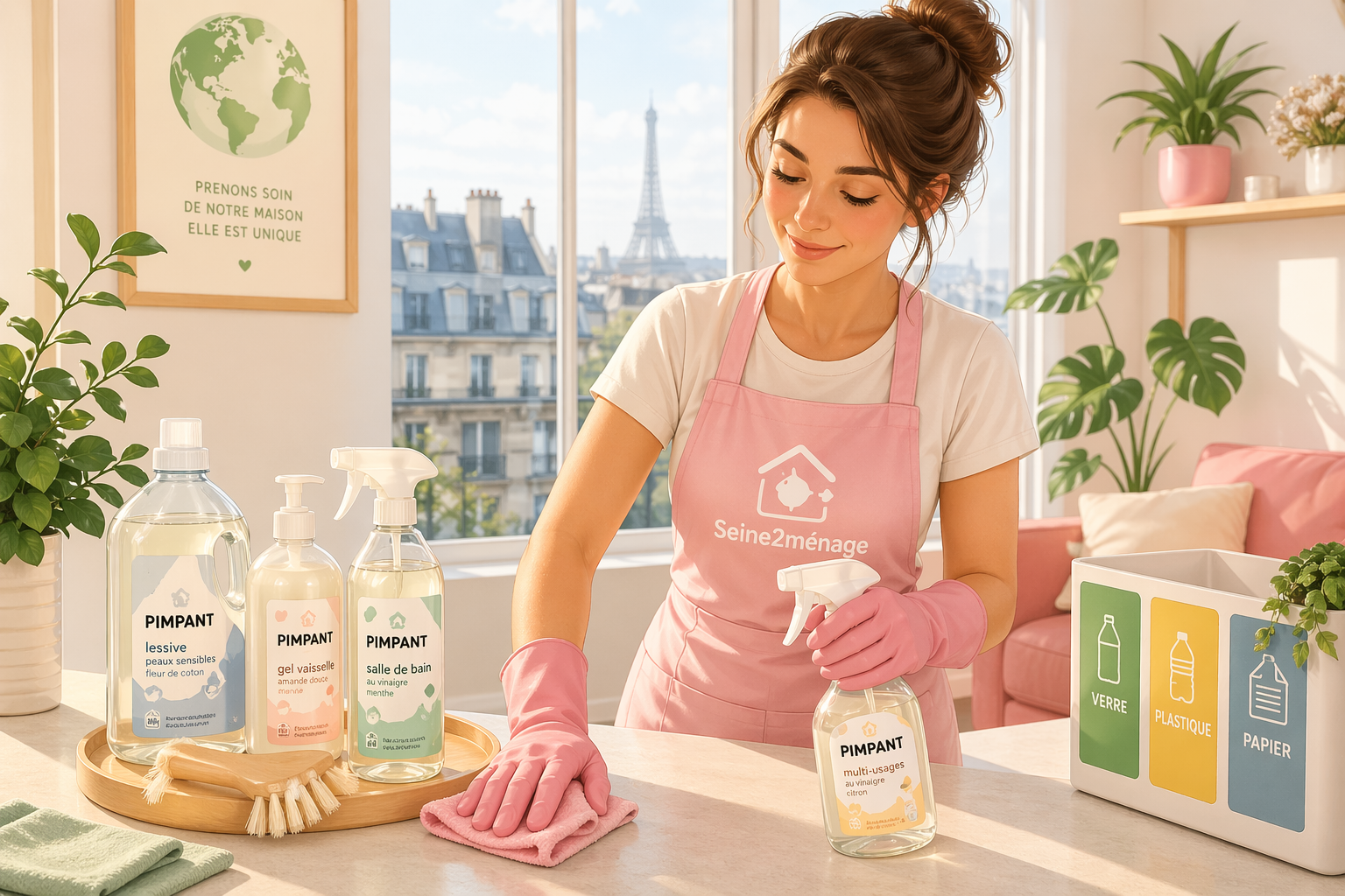 Femme de ménage utilisant des produits écologiques Pimpant dans un appartement moderne à Boulogne-Billancourt – service Seine2ménage