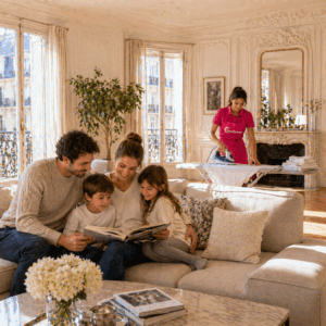 Famille sereine dans un salon pendant qu’une repasseuse Seine2ménage travaille en arrière-plan à Paris 17