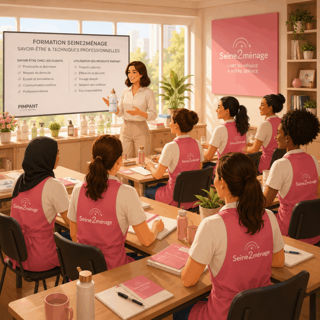 Formation des intervenantes Seine2ménage aux techniques de ménage, au savoir-être client et à l'utilisation des produits PIMPANT