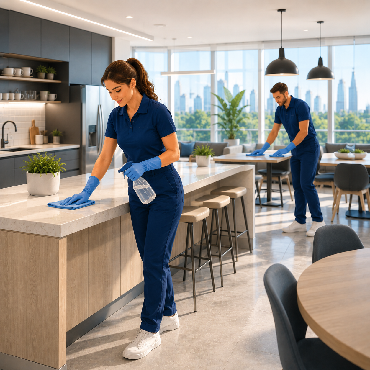 Équipe Seine2ménage nettoyant une cuisine et un espace détente dans des bureaux modernes