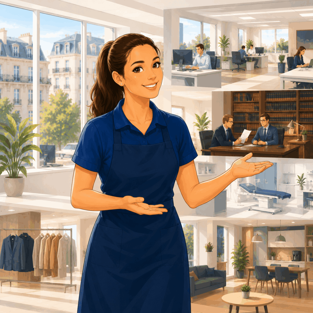 Responsable Seine2ménage présentant les différents types d'entreprises accompagnées à Neuilly-sur-Seine : bureaux, cabinets d'avocats, cabinets médicaux, commerces et espaces professionnels.