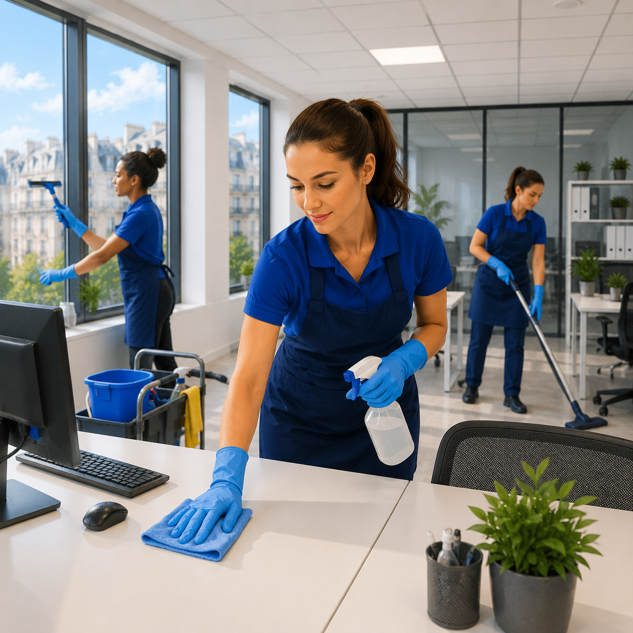 Équipe Seine2ménage réalisant un grand nettoyage ponctuel dans des bureaux professionnels à Neuilly-sur-Seine