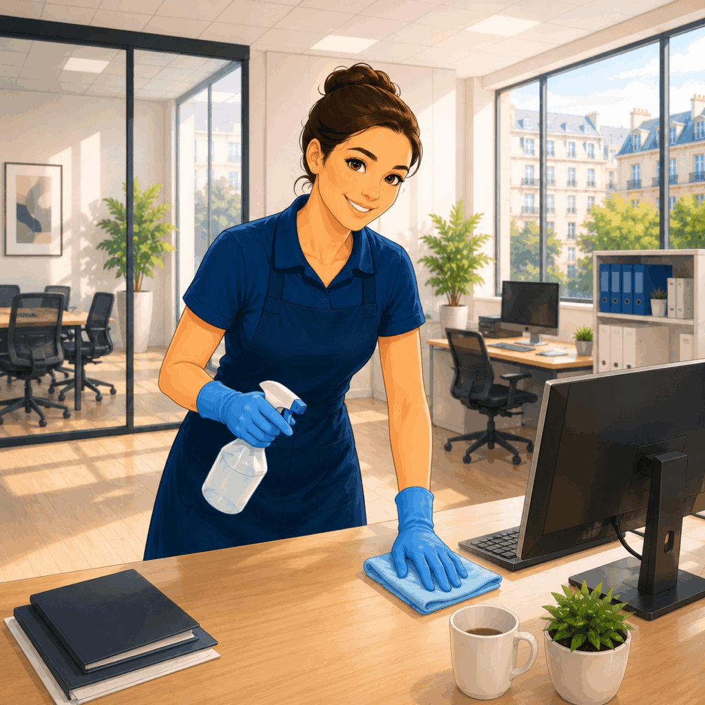 Intervenante Seine2ménage nettoyant la cuisine et l'espace détente d'une entreprise à Neuilly-sur-Seine avec un produit PIMPANT