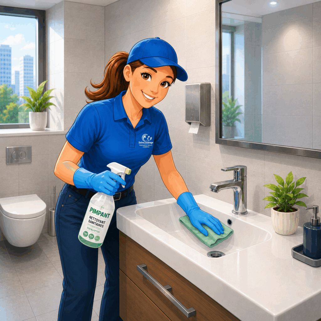 Intervenante Seine2ménage nettoyant un lavabo de sanitaires professionnels avec le nettoyant sanitaires PIMPANT