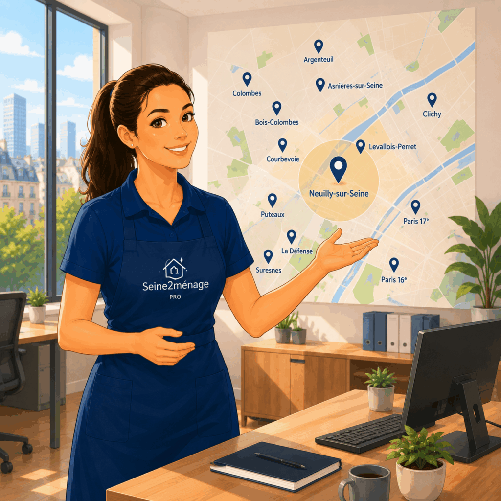Responsable Seine2ménage présentant les différentes zones d'intervention autour de Neuilly-sur-Seine pour le nettoyage de bureaux et locaux professionnels.