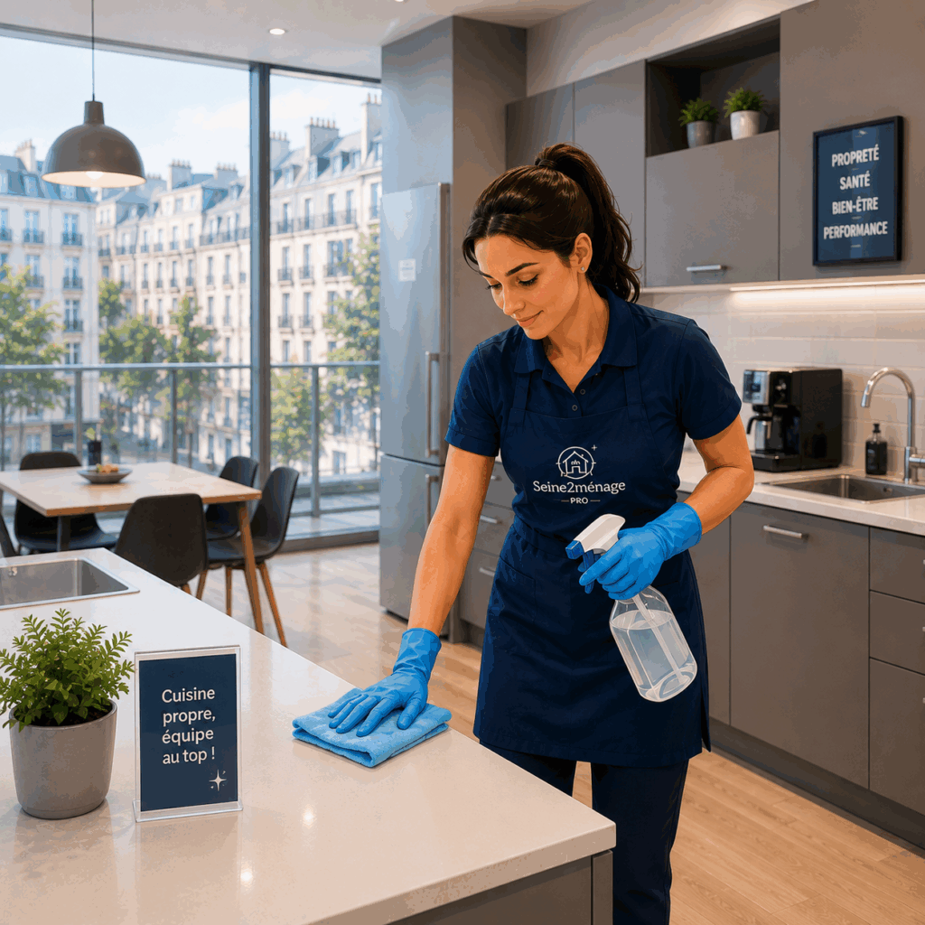 Intervenante Seine2ménage Pro nettoyant la cuisine et l’espace de pause d’une entreprise à Levallois-Perret
