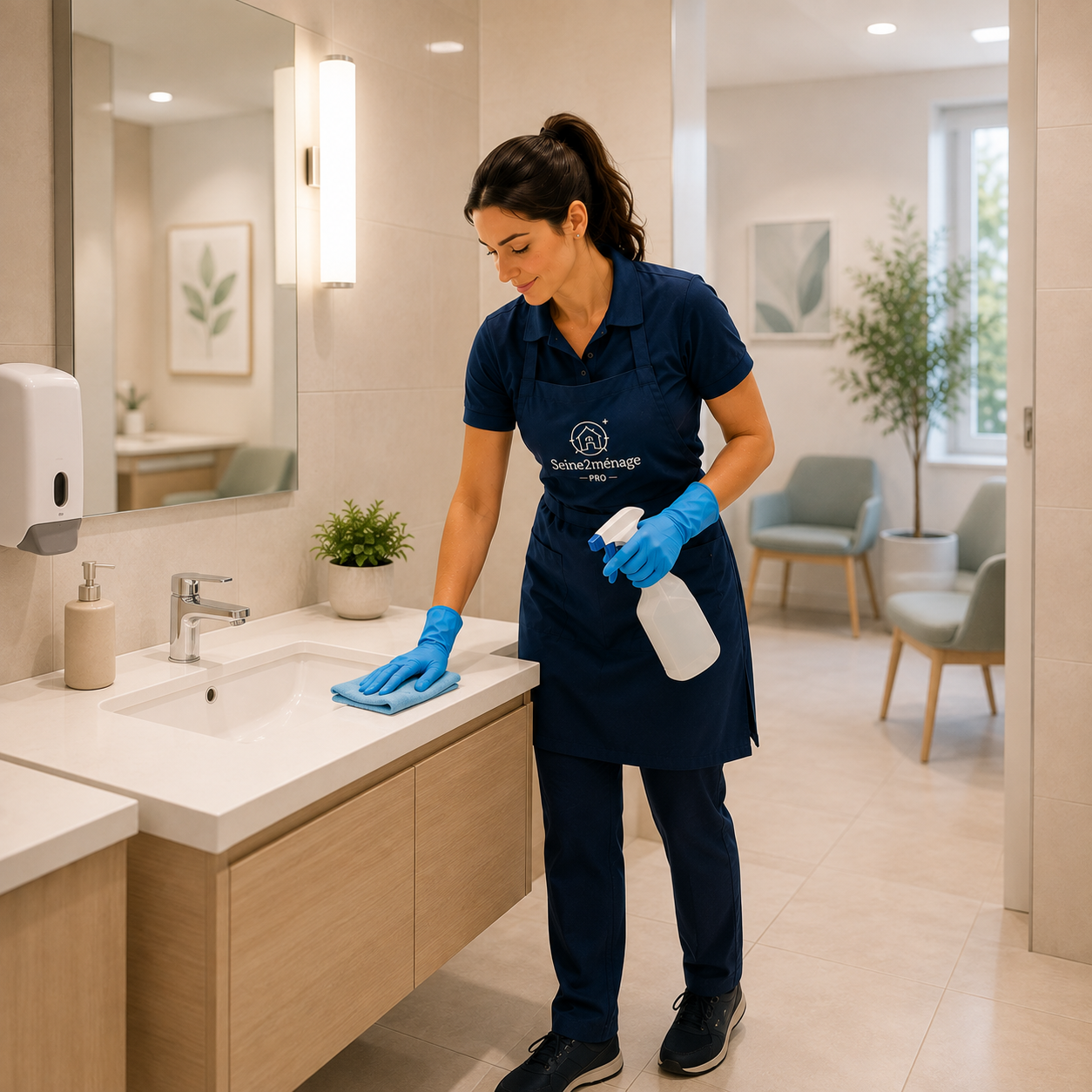 Intervenante Seine2ménage Pro nettoyant les sanitaires d'un cabinet médical moderne à Asnières-sur-Seine.